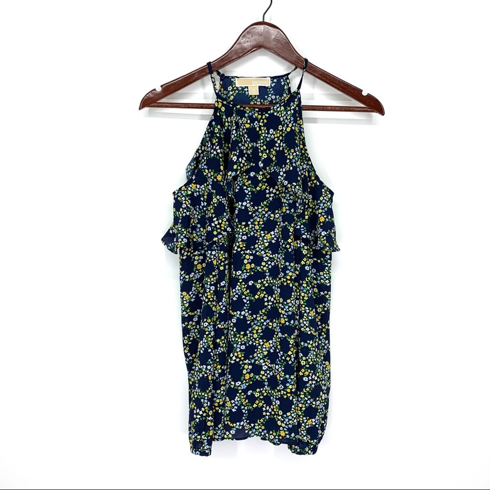 Michael Kors All Over Wildflower Print Ruffle Sleeve Spring Summer Blouse Sz XS
